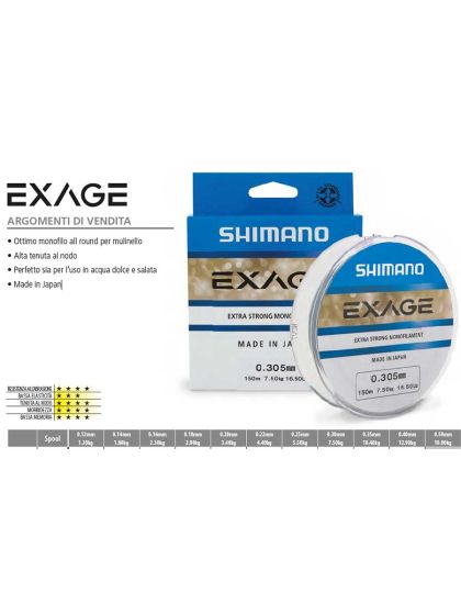 Monofilo Shimano Exage 1000 Metri da Ø 0,25 a Ø 0,50 mm